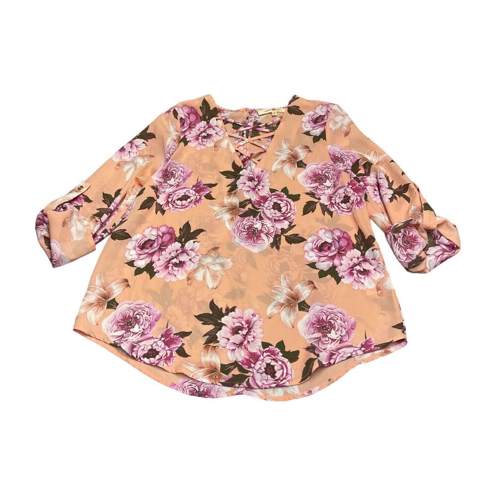 Wishful Park Blouse Pink Floral Long Roll Tab Sleeves Women’s Size Small